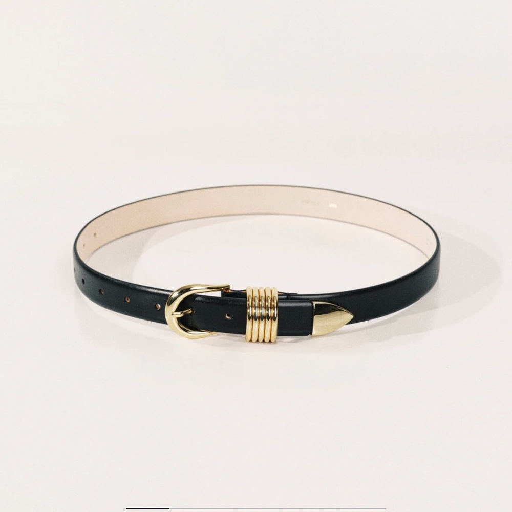 Déhanche Black with Gold Hollyhock Style Italian Leather Belt, Size XS, NWOT